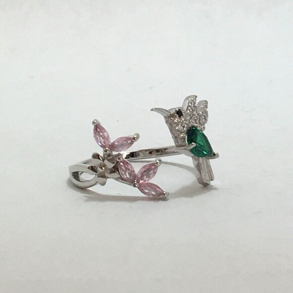 Sterling Silver Hummingbird Ring Adjustable Size 7 CZ Pink Flowers Green Body - Picture 15 of 16